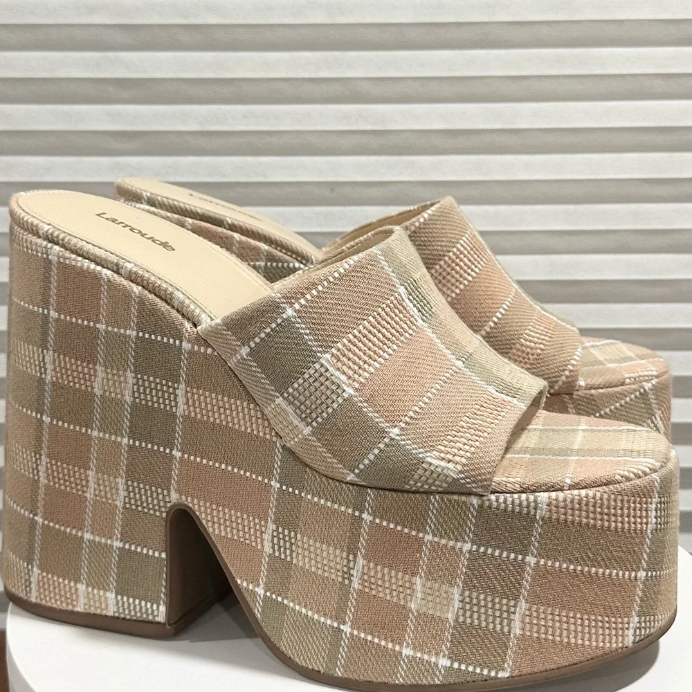 🌹LARROUDE🌹 Wanda Platform Mule In Neutral Plaid Raffia Size: 11